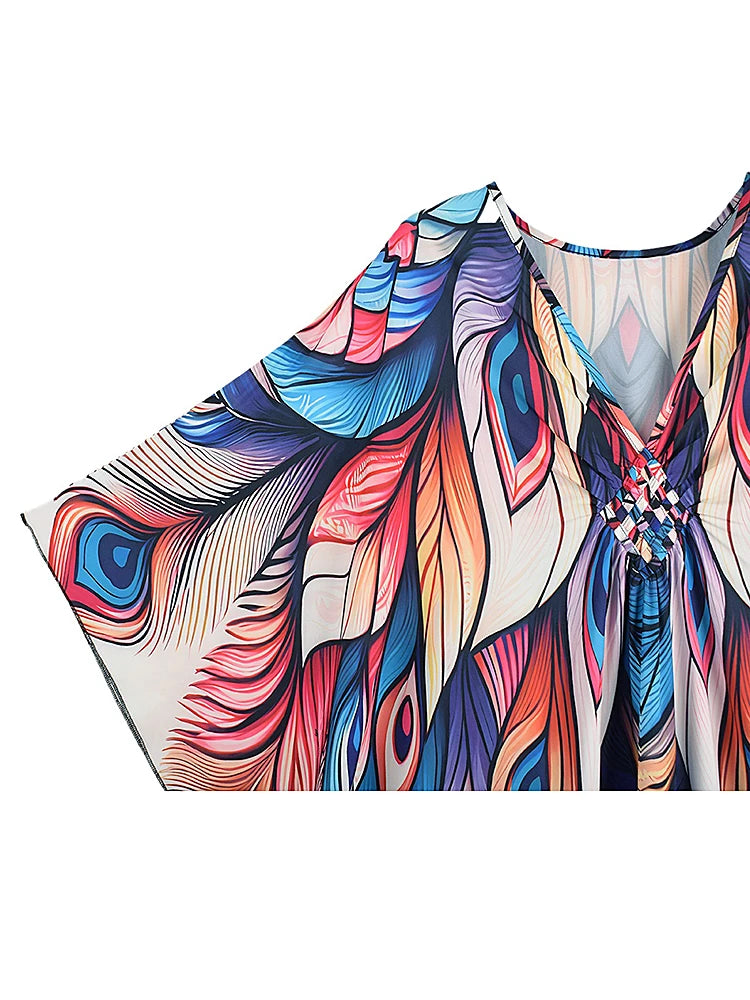 XITAO Bat Wing Sleeve Loose V-neck Dress Peacock Print Pullover Contrast Color Vintage Slimming Summer Woman Dress GJ1156