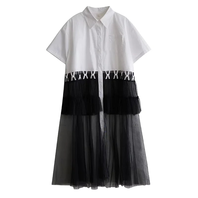 XITAO Patchwork Mesh Contrast Color Dress Casual Loose Fitting Short Sleeve New Single Breasted Summer Women Dress ZMY1072