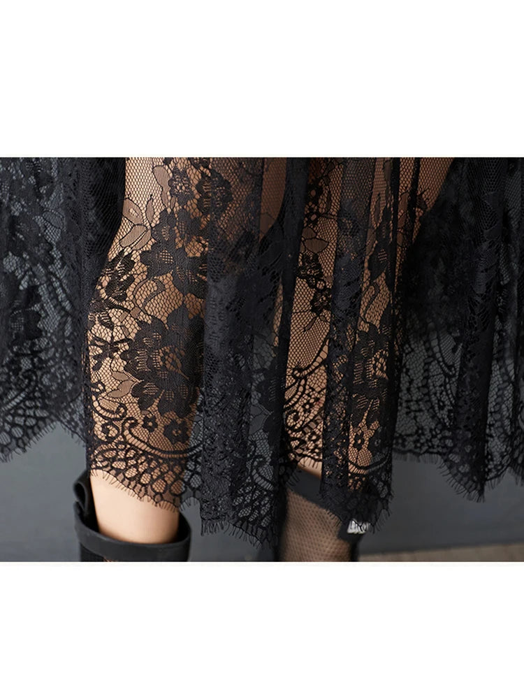 XITAO Patchwork Lace Short Sleeve Dress O-neck Casual Loose Fitting A-line Solid Color Pullover Summer Women Dress ZMY1214