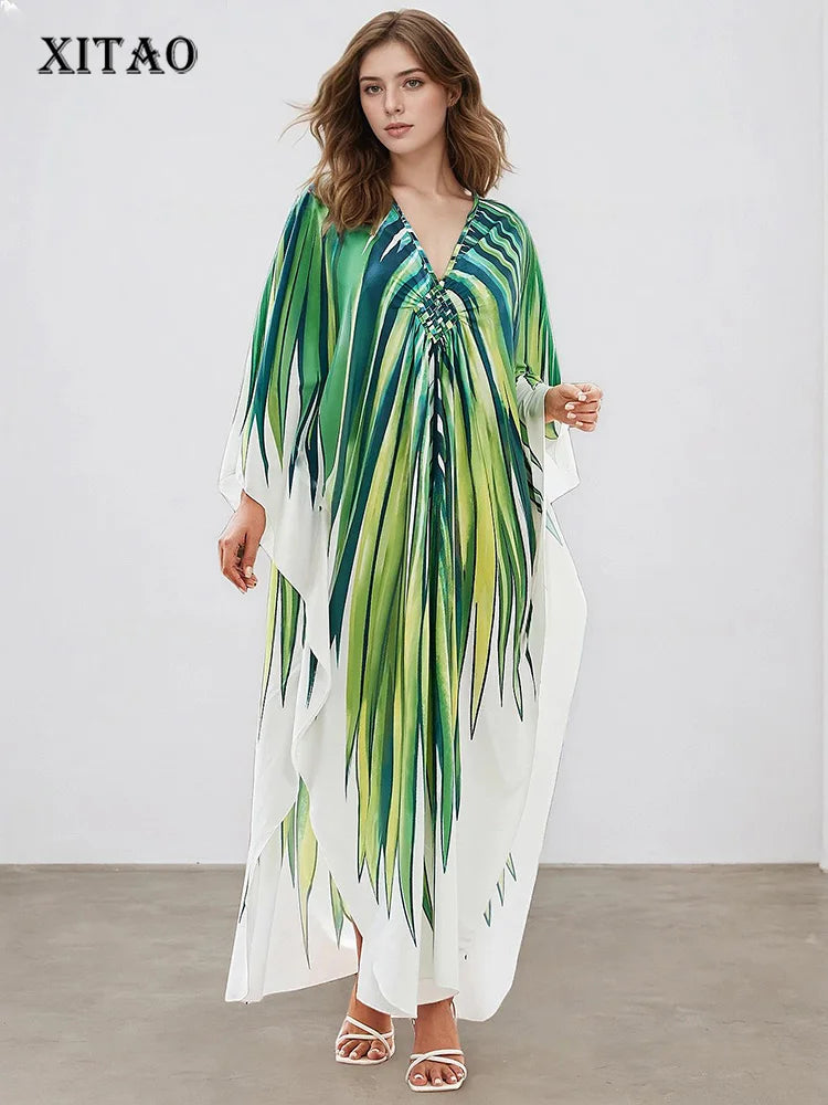 XITAO Striped Contrast Color Dress Elegant Small Fresh A-line Loose Casual Bat Wing Sleeve Side Slit Summer Woman Dress GJ1166