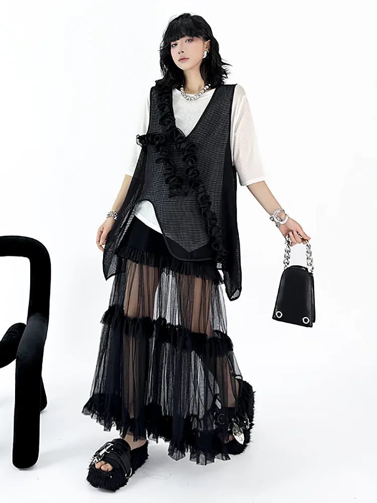 XITAO Three-dimensional Decoration Patchwork Vest Solid Color Asymmetrical V-neck Loose Pullover Temperament Top ZMY1179