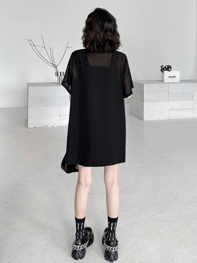 XITAO Patchwork Single Breasted Fake Two Pieces Dress Women Short Sleeve Pullover Solid Color Temperament Casual Dress ZMY1308