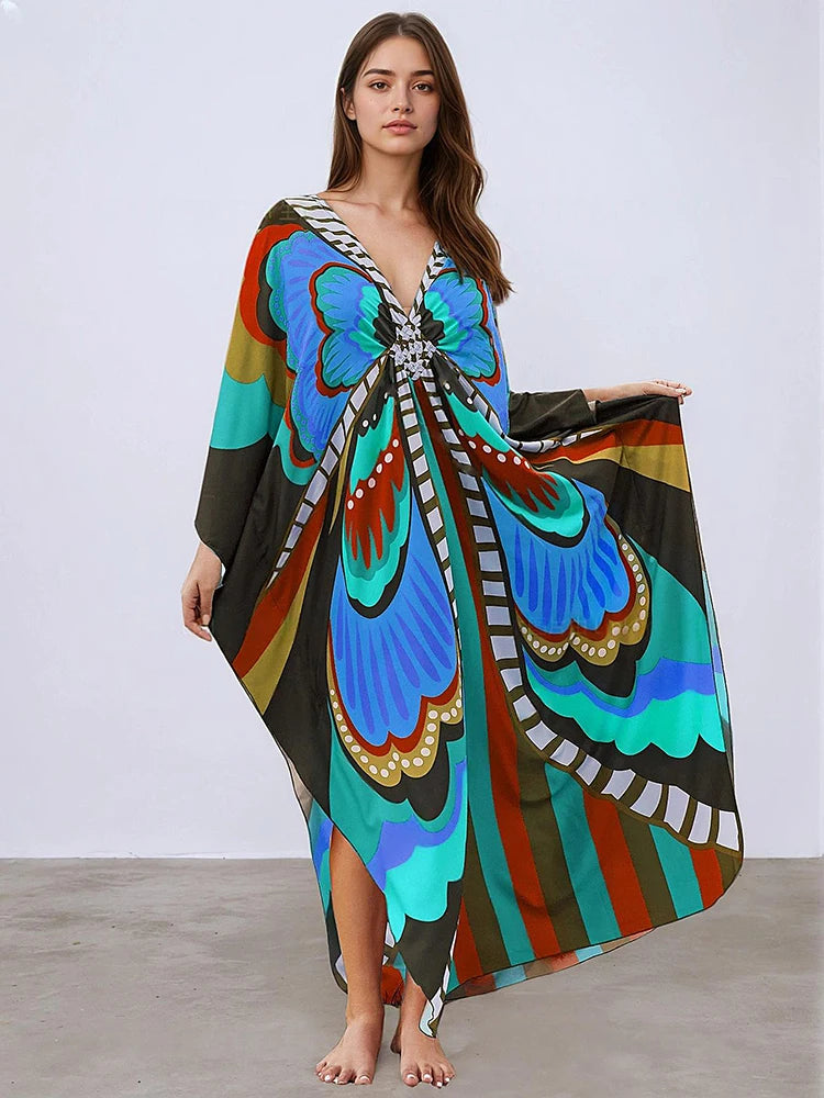XITAO Butterfly Print V-neck Loose Dress Contrast Bat Wing Sleeve Casual Temperament Summer Woman Ankle-length Dress GJ1153