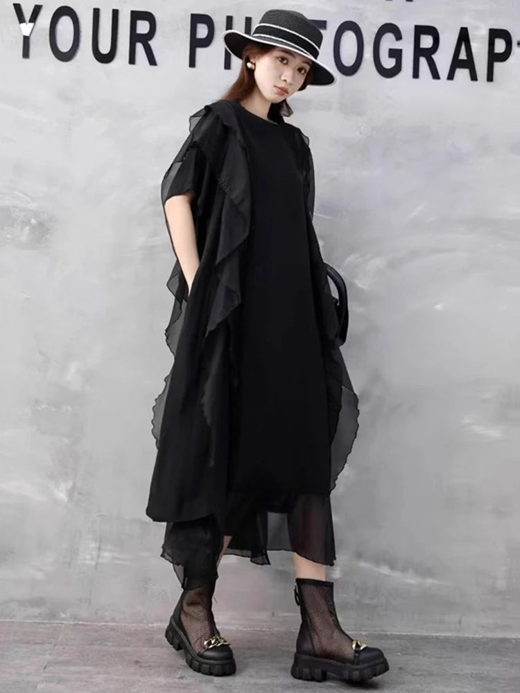 XITAO Asymmetrical Patchwork O-neck Dress Casual Loose Fitting A-line Solid Color Elegant New Arrival Summer Women Dress GYX1651