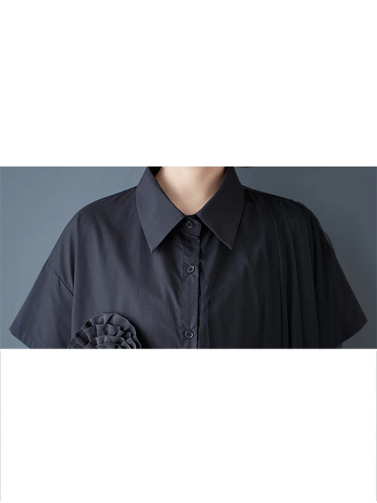 XITAO Patchwork Mesh Flower Dress Casual Solid Color Loose Fitting Korea A-line Short Sleeve Single Breasted Women Dress GYX1626