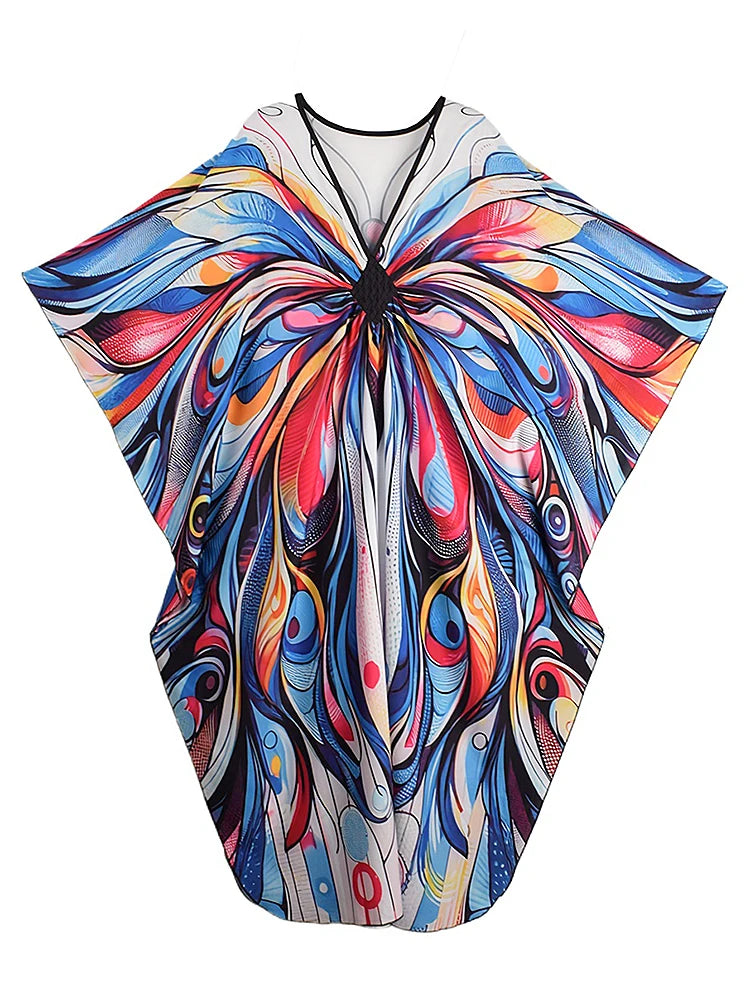 XITAO Contrast Color Print Dress Pullover V-neck Loose Personality Slimming Side Slit Bat Wing Sleeve Summer Woman Dress GJ1155