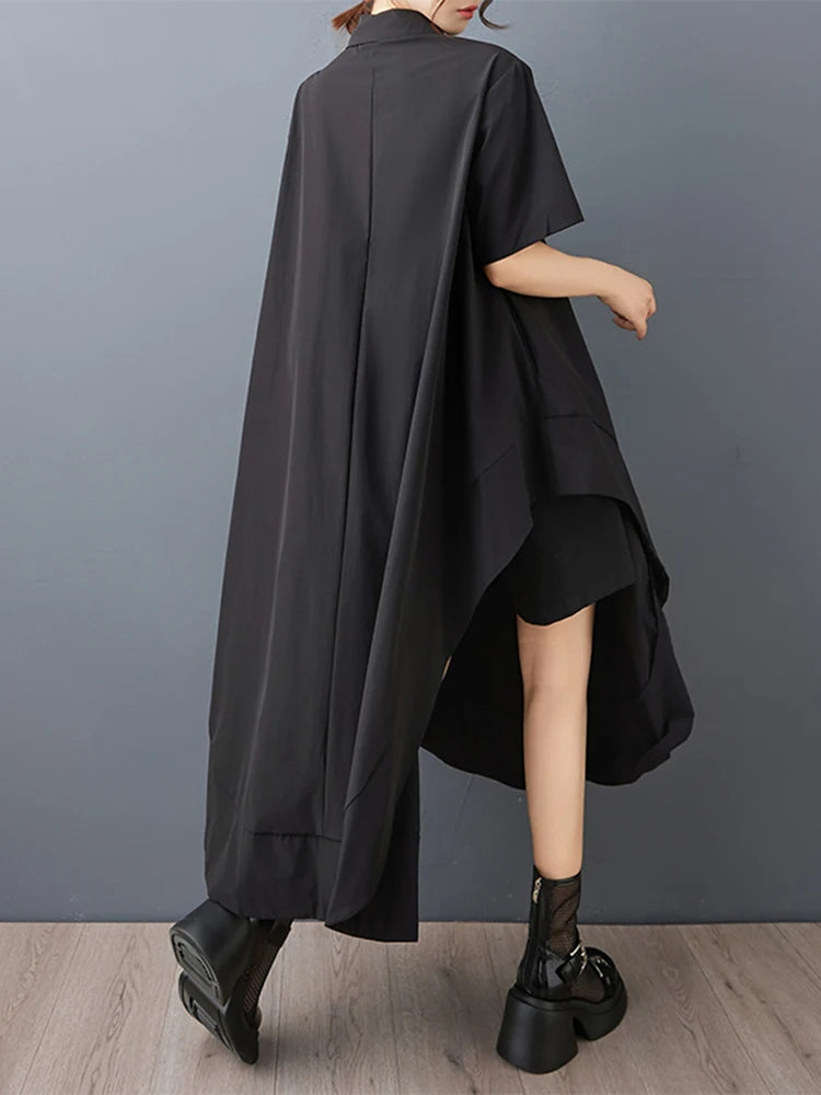 XITAO Irregular Button Dress Solid Color Casual Short Sleeve Loose Turn-down Collar Temperament Summer Woman Dress GYX1653