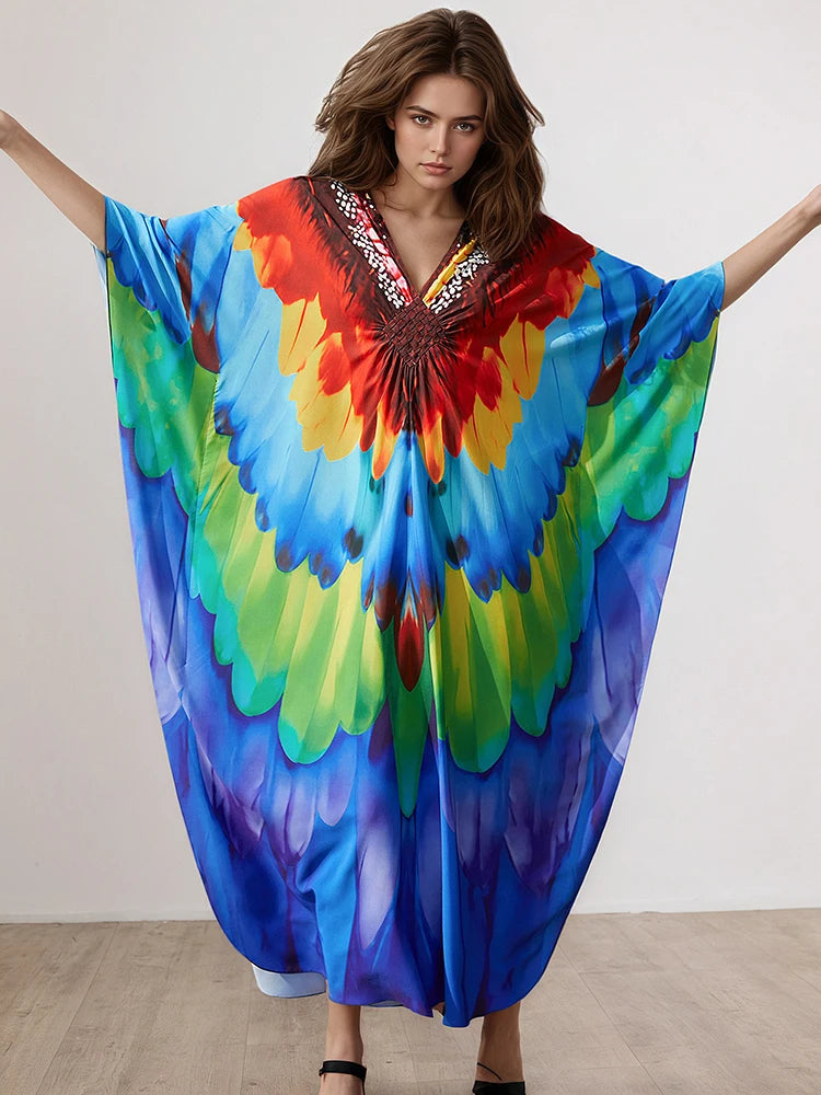 XITAO V-neck Patchwork Printing Dress Summer Thin Female Bat Sleeve Pullover Casual Polyester Women Personality Dress GJ1212