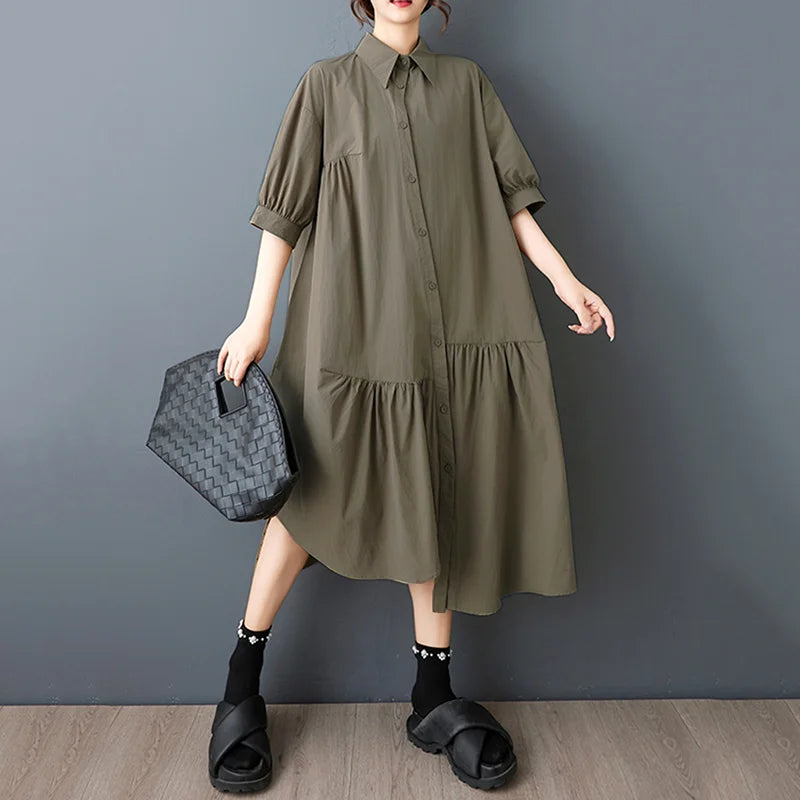 XITAO Asymmetrical Solid Color Female Dress Loose Turn-down Collar Short Half Sleeve A-line Single Breasted Woman Dress ZMY1264