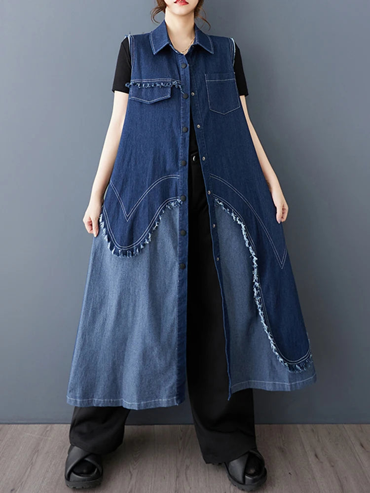 XITAO Contrast Color Sleeveless Pocket Patchwork Dress Single Breasted Turn-down Collar Loose A-line Vintage Slim Dress ZMY1050