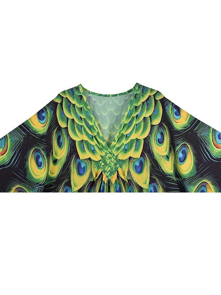 XITAO Batwing Sleeve Print Contrast Color Pullover Dress V-neck Loose New Temperament Ankle-length Women Dress Summer GJ1143