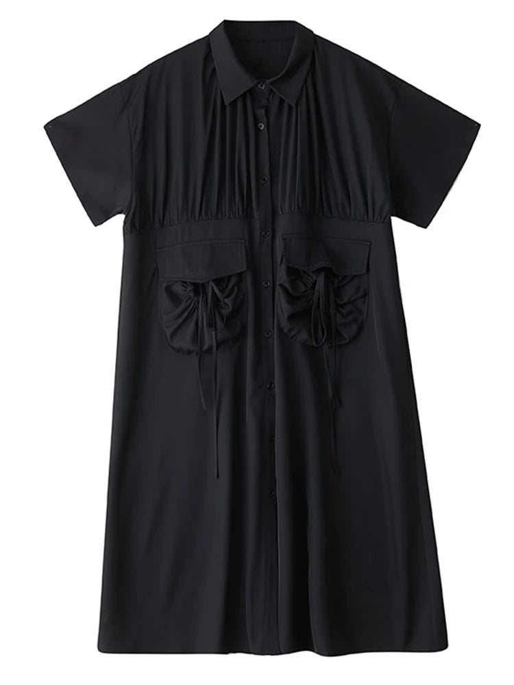 XITAO Pleated Single Breasted Pocket Dress Casual Solid Color A-line New Fashion Short Sleeve Summer Female Dress ZMY1146