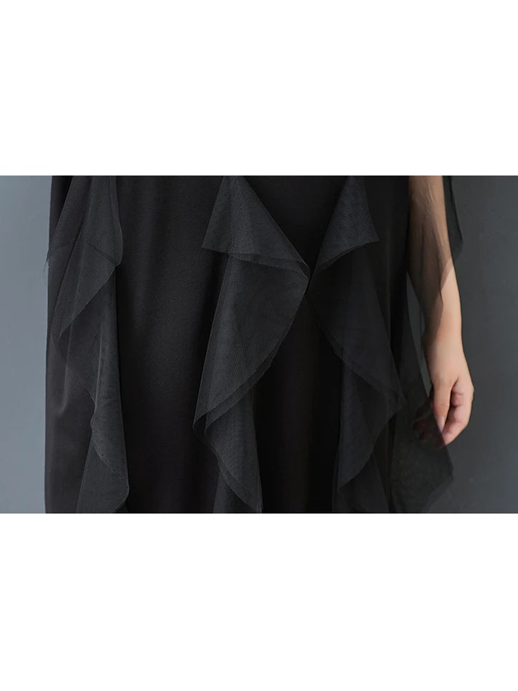 XITAO Gauze Patchwork Asymmetrical Dress Solid Color Pullover O-neck Short Sleeve A-line Slimming All Match Casual Dress ZMY1355