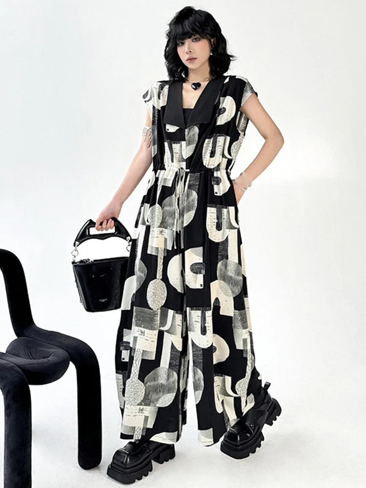XITAO Contrast Color Print Wide Leg Jumpsuits Slimming Turn-down Collar Drawstring Temperament Summer Woman Jumpsuits ZMY1303