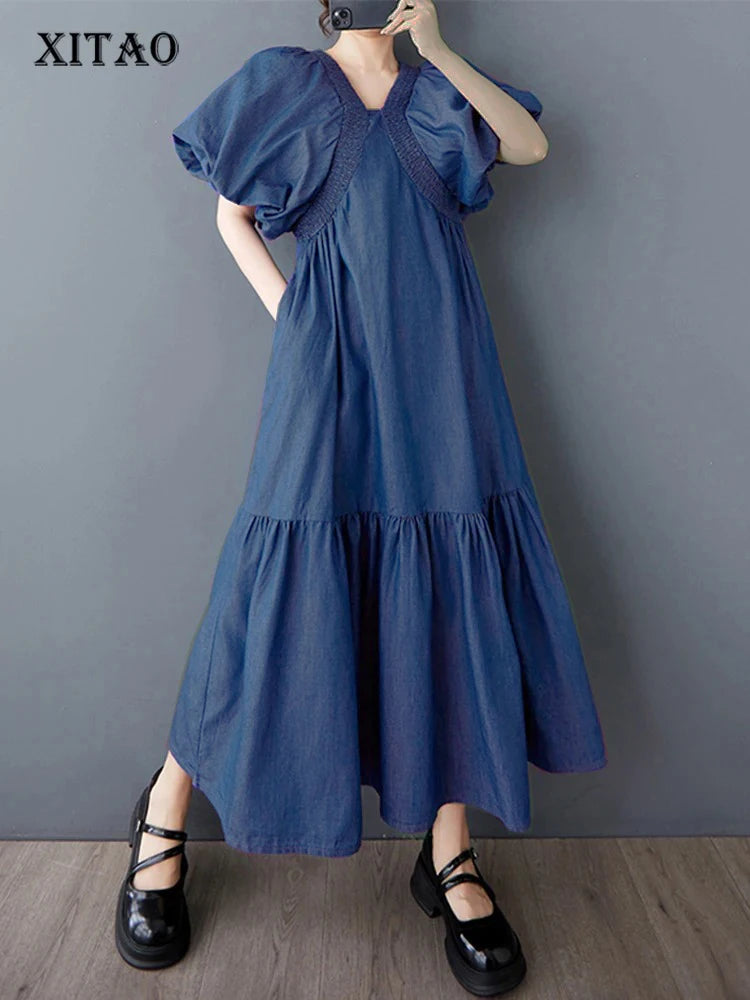 XITAO Puff Sleeve Solid Color Pleated Female Dress V-neck Patchwork Personality Temperament Elegant Summer Woman Dress ZMY1255