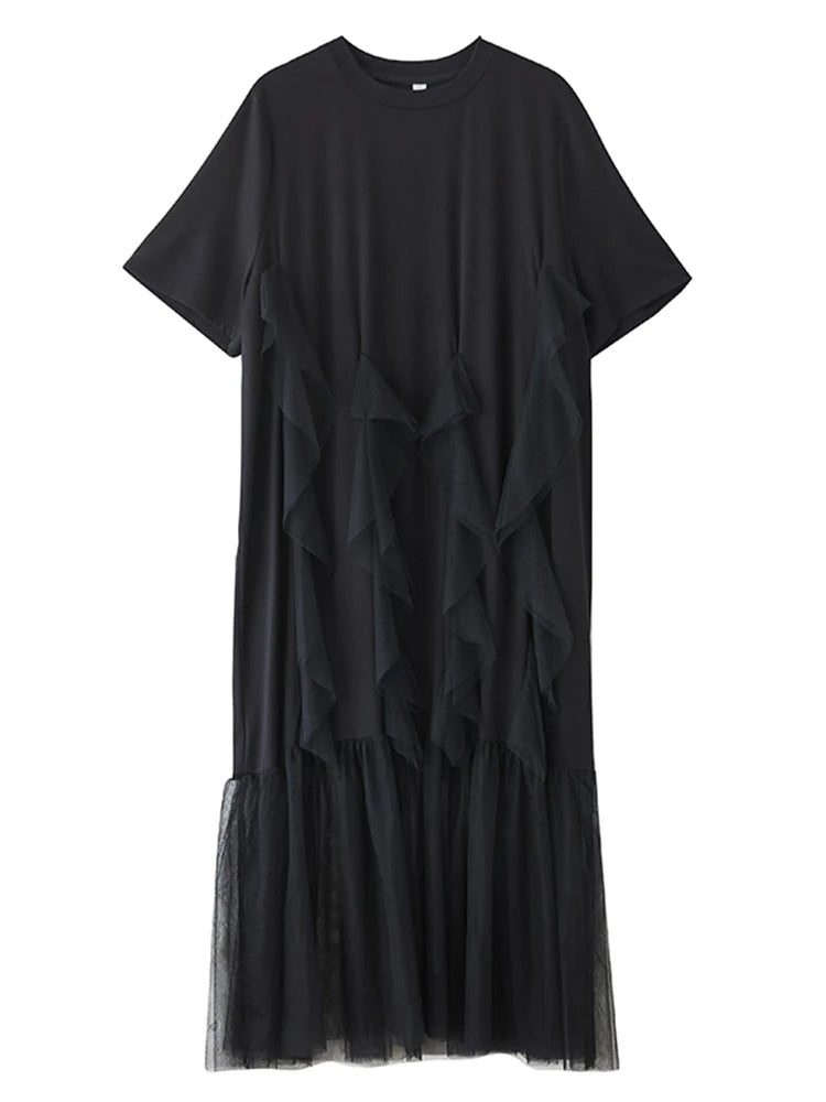 XITAO Gauze Patchwork Asymmetrical Dress Solid Color Pullover O-neck Short Sleeve A-line Slimming All Match Casual Dress ZMY1355