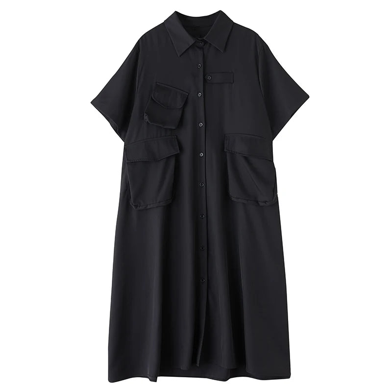 XITAO Asymmetric Pocket Female Dress Loose Solid Color Turn-down Collar Single Breasted Women Temperament Shirt Dress ZMY1145