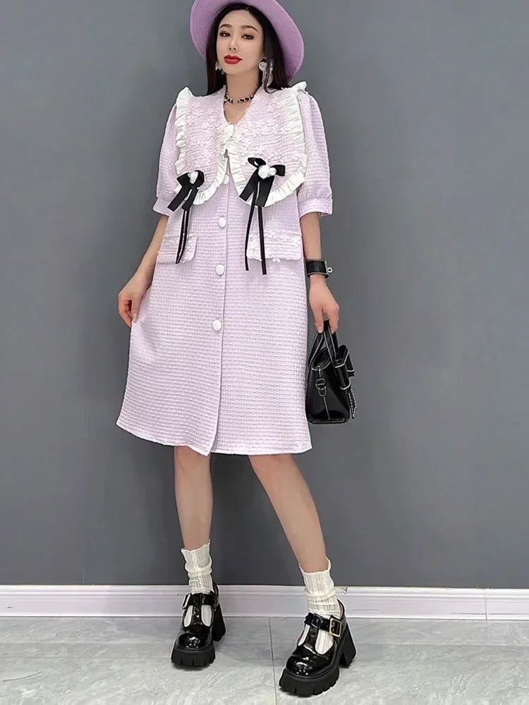 XITAO Bow Flowers Dress Fashion Temperament Three-dimensional Decoration Fungus Lace Minority New Arrival Women WLD7854