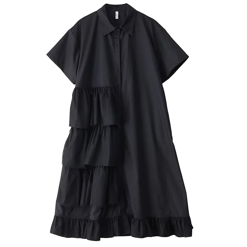 XITAO Patchwork Mesh Turn-down Collar Dress Single Breasted Pleated Short Sleeve Solid Color Fashion Summer Women Dress ZMY1200