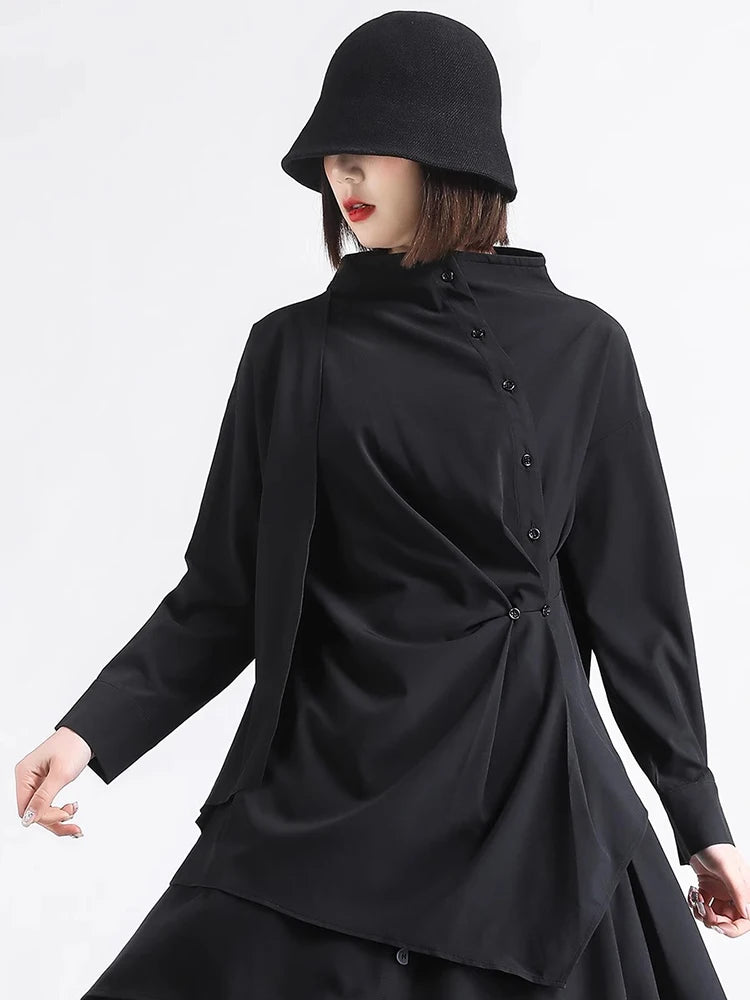 XITAO Single Breasted Half High Collar Shirt Asymmetrical Patchwork Solid Color Long Sleeve Folds Pullover Loose Tops HQQ2500