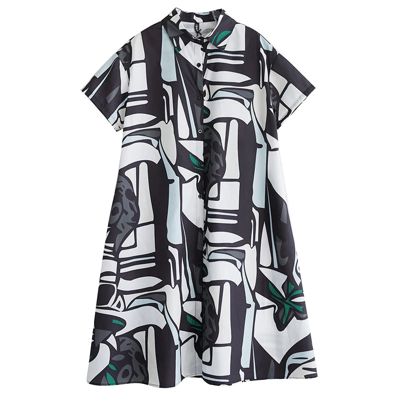 XITAO Print Pocket Patchwork Dress Single Breasted Short Sleeve Turn-down Collar Loose Casual Slim Summer Shirt Dress ZMY1137