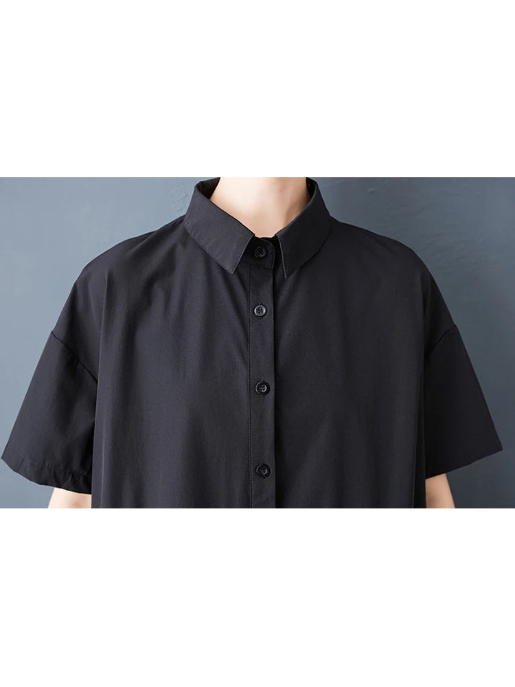 XITAO Gauze Patchwork Folds Female Dress Loose Turn-down Collar Solid Color Short Sleeve Temperament Woman Summer Dress ZMY1253