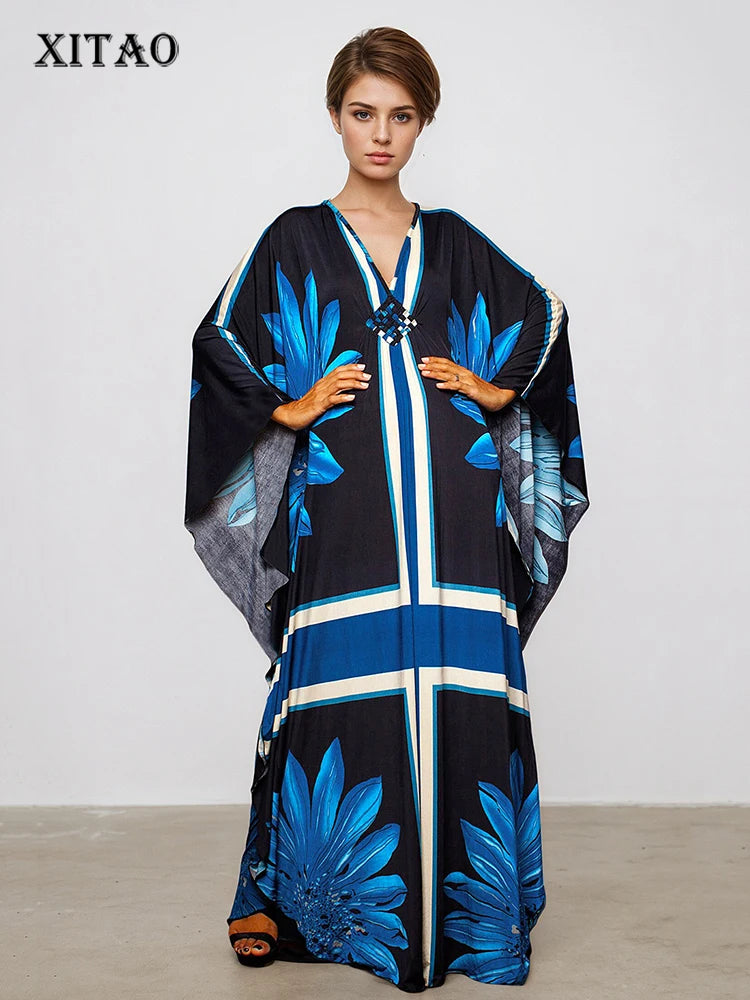 XITAO Print Contrast Color Dress Vintage Bat Wing Sleeve Flower V-neck Pullover Summer Woman Slimming Ankle-length Dress GJ1175