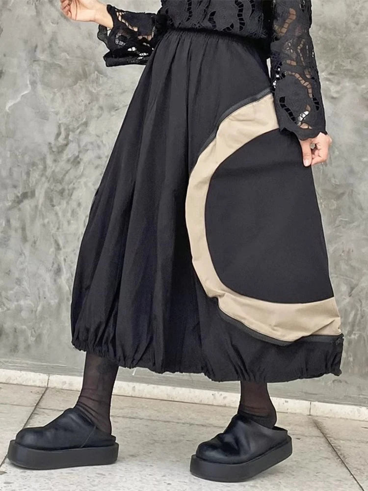 XITAO Contrast Color Patchwork Zipper Skirt Elastic Waist Shirring Loose A-line All Match Slimming Personality Skirt ZMY1180