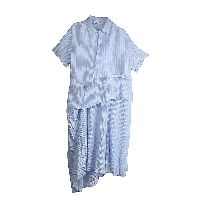 XITAO Irregular Striped Drawstring Dress Turn-down Collar Loose Casual Short Sleeve Personality Summer Woman Dress HQQ2490