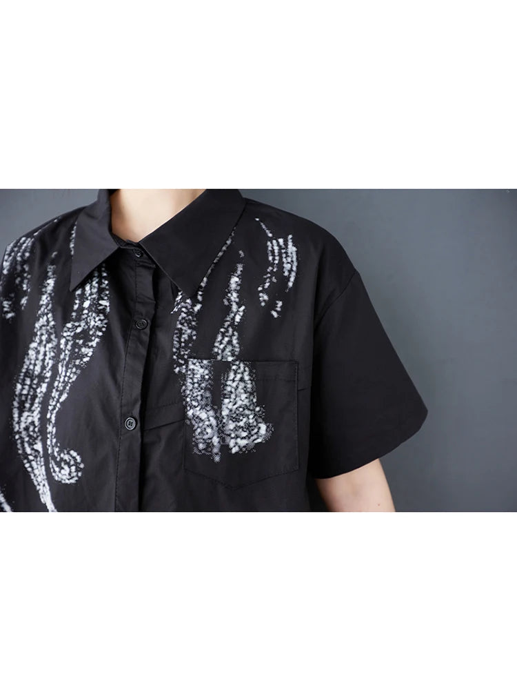 XITAO Contrast Color Print Patchwork Women Shirt Turn-down Collar Short Sleeve Vintage Loose All Match Casual Top HQQ2452