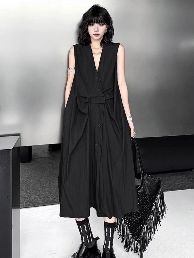 XITAO Women Sleeveless Vintage Dress V-neck Loose Casual Single Breasted Solid Color Slimming Summer Female Dress ZMY1393