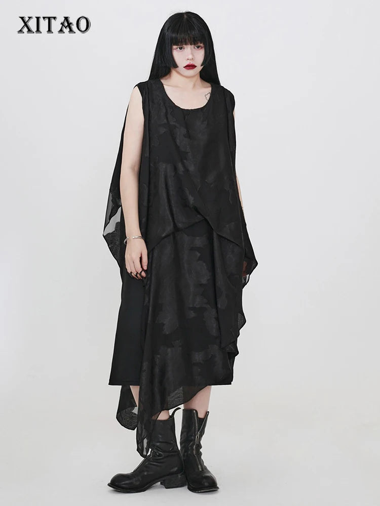 XITAO Irregular Print Loose Dress Casual O-neck Patchwork Gauze Vintage Personality Slimming Pullover Summer Woman Dress ZMY1353