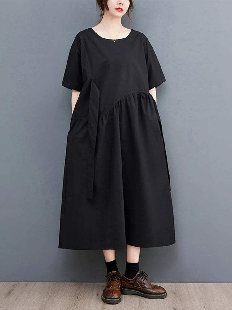 XITAO Folds Patchwork O-neck Dress Simple Solid Color Casual Irregular Short Sleeve Women Temperament Slimming Dress ZMY1062