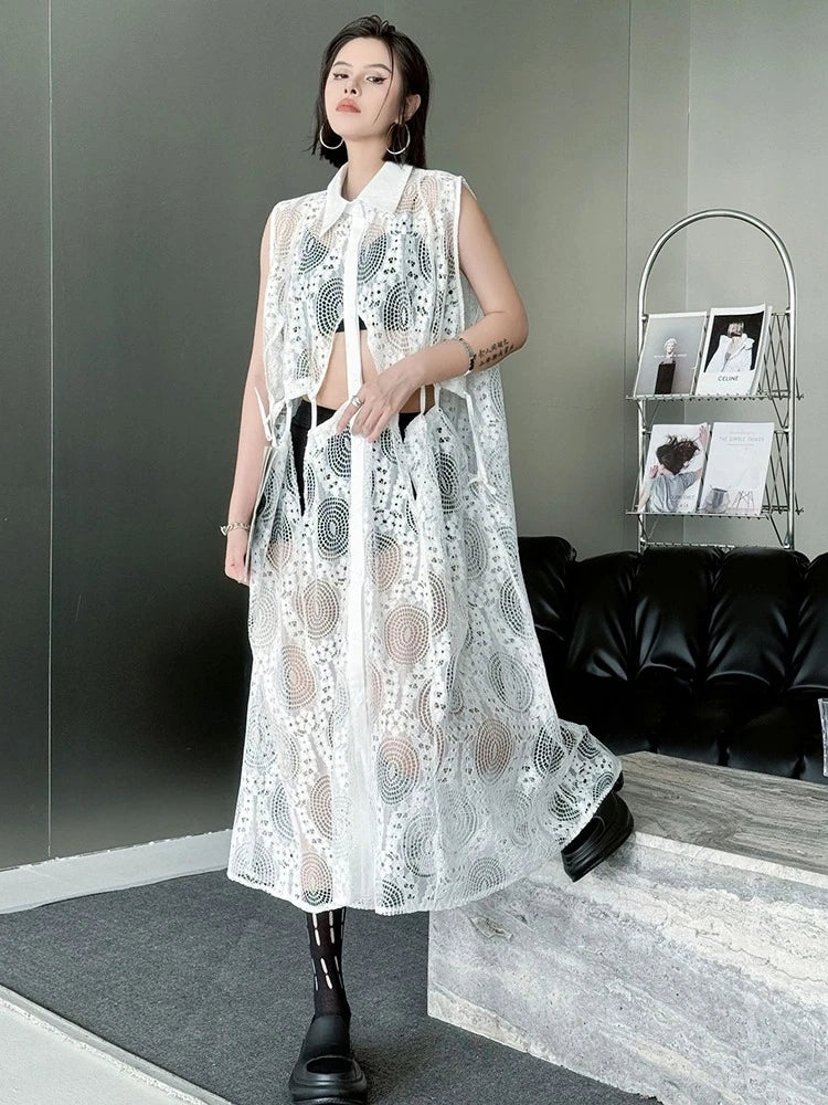 XITAO Lace Patchwork Sleeveless Dress Casual A-line Hollow Out Solid Color New Personality Turn-down Collar Women Dress GYX1661