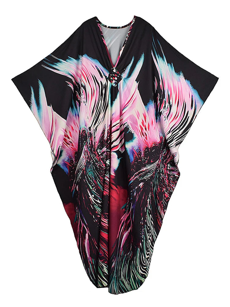 XITAO Print Pullover V-neck Dress Bat Wing Sleeve Vintage Temperament New Arrival Fashion Irregular Summer Woman Dress GJ1203