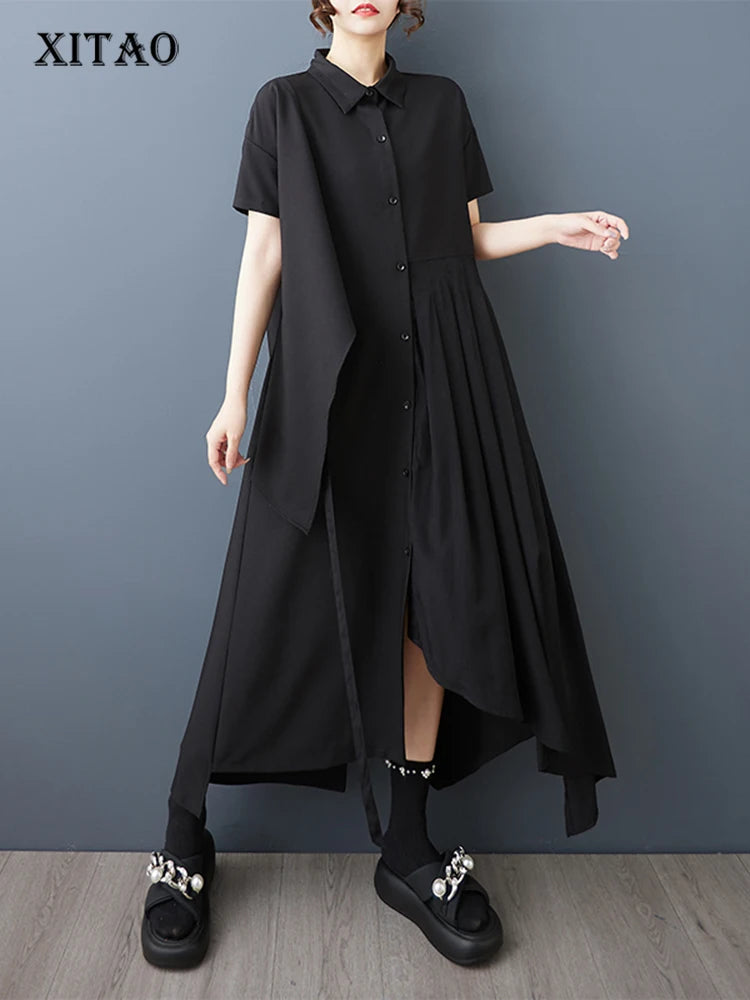 XITAO Irregular Solid Color Pleated Dress Drawstring Turn-down Collar Short Sleeve Slimming All-match Temperament Dress ZY8943