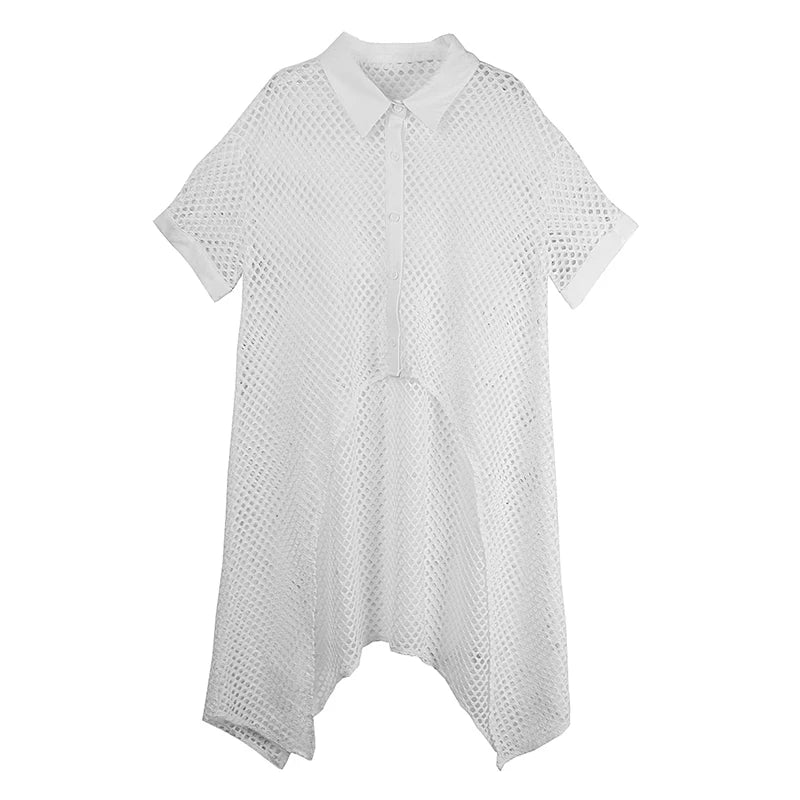 XITAO Irregular Hollow Out Dress Mesh Turn-down Collar Single Breasted Loose Casual Solid Color Summer Woman Dress ZMY1254
