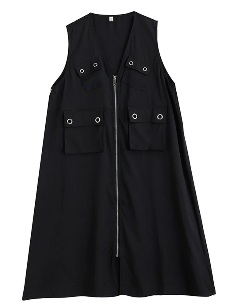 XITAO Pocket Zipper Sleeveless Dress Casual All Match Personality Fashion Black Series Summer Slimming Female Dress ZMY1327