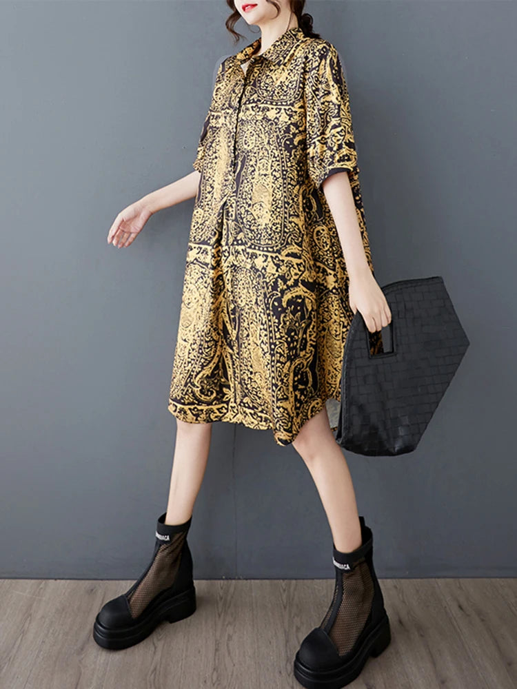 XITAO Print Turn-down Collar Single Breasted Dress Loose Fitting A-line Korea Casual Slimming Summer Women Dress ZMY1149