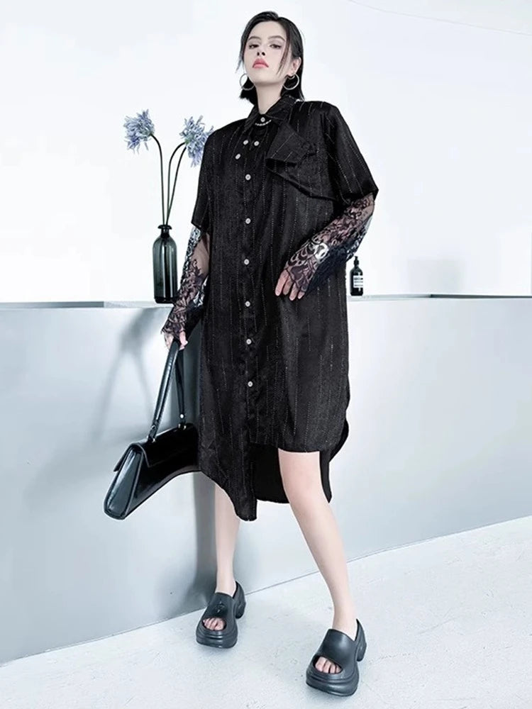 XITAO Asymmetrical Lace Patchwork Stripe Dress A-line Single Breasted Turn-down Collar Personality Spring Women Dress ZMY1345