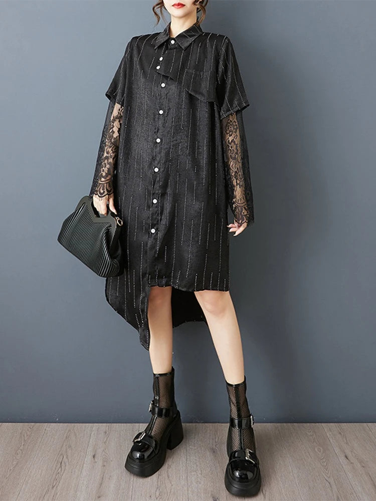 XITAO Lace Patchwork Asymmetrical Dress Single Breasted Turn-down Collar Long Sleeve Side Split Casual Temperament Dress ZMY1322