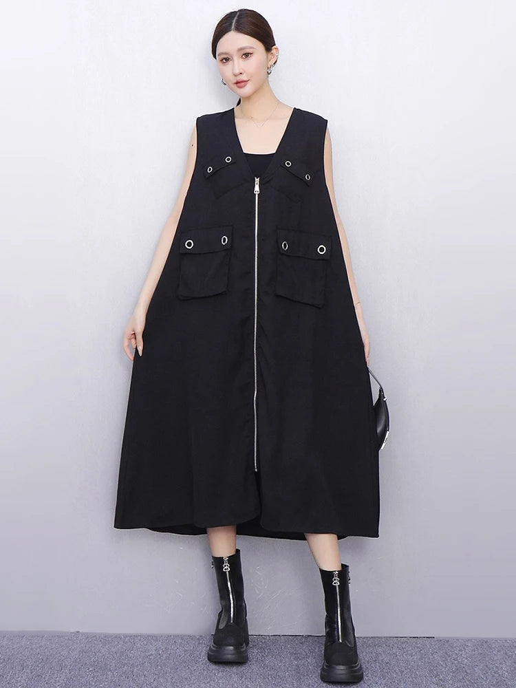 XITAO Sleeveless Patchwork Dress Pocket Solid Color Zipper Loose New Arrival A-line V-neck Elegant Summer Woman Dress ZMY1363