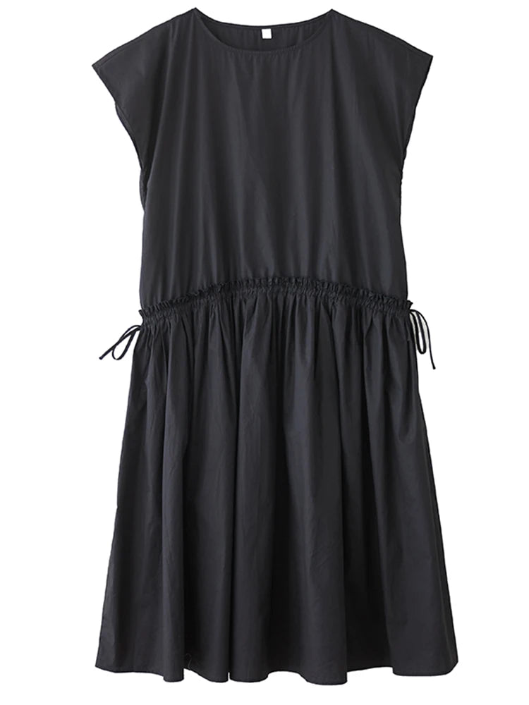 XITAO Pleated Drawstring Loose Dress Edible Tree Fungus Solid Color O-neck Casual Slimming All-match Summer Woman Dress ZMY1310