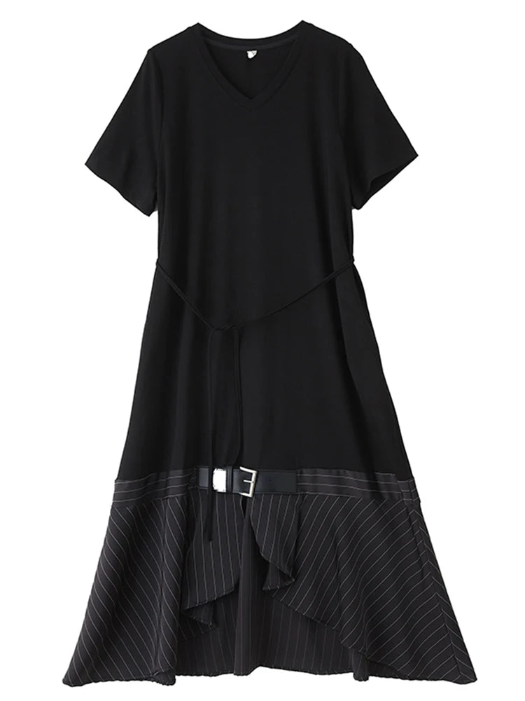 XITAO Striped Contrast Color Asymmetrical Dress V-neck Short Sleeve Patchwork Split Pullover Bandage Casual Female Dress ZMY1288