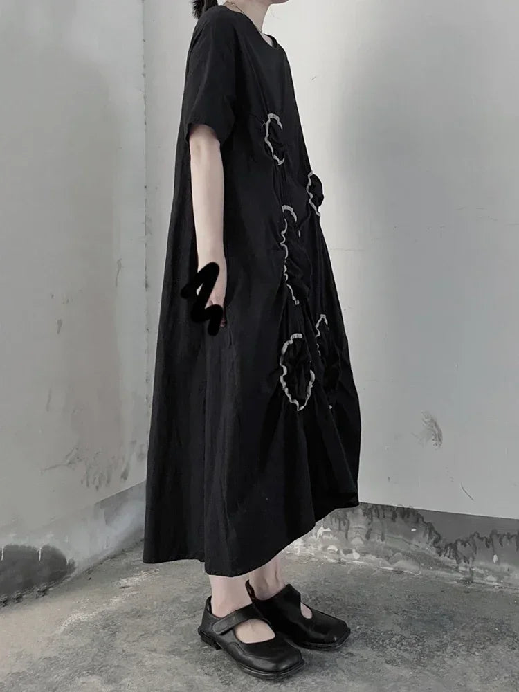 XITAO Vintage Casual T-shirt Dress Irregular Contrast Color Round Folds Decorate Fashion Loose Summer New Women Dress WMD6701