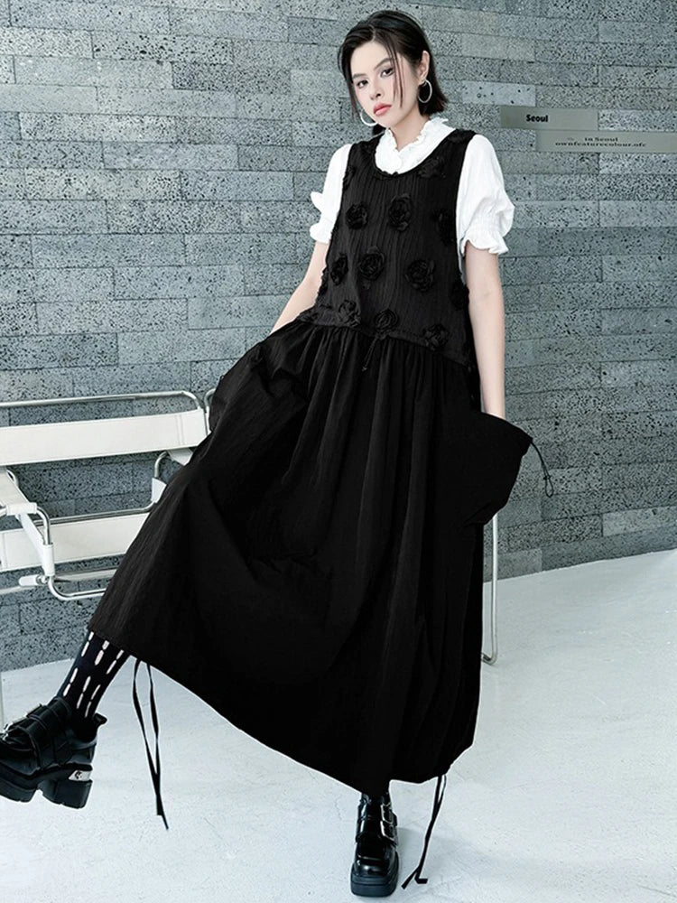 XITAO Loose Flower Patchwork Dress Casual Solid Color Pocket Drawstring Women O-neck Sleeveless Simple Temperament Dress HQQ2468