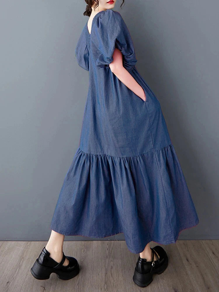 XITAO Puff Sleeve Solid Color Pleated Female Dress V-neck Patchwork Personality Temperament Elegant Summer Woman Dress ZMY1255
