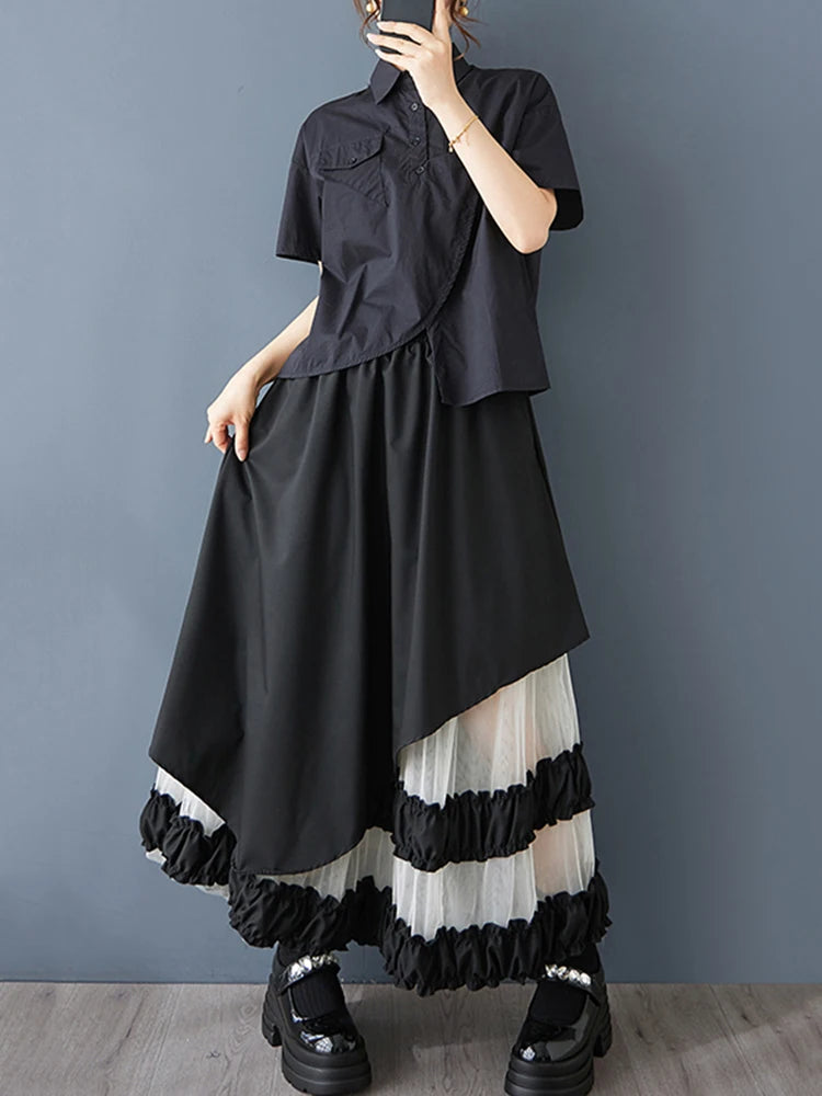 XITAO Irregular Mesh Patchwork Skirt Loose Asymmetric Contrast Color Women Casual All-match Elastic Waist Simple Skirt HQQ2436