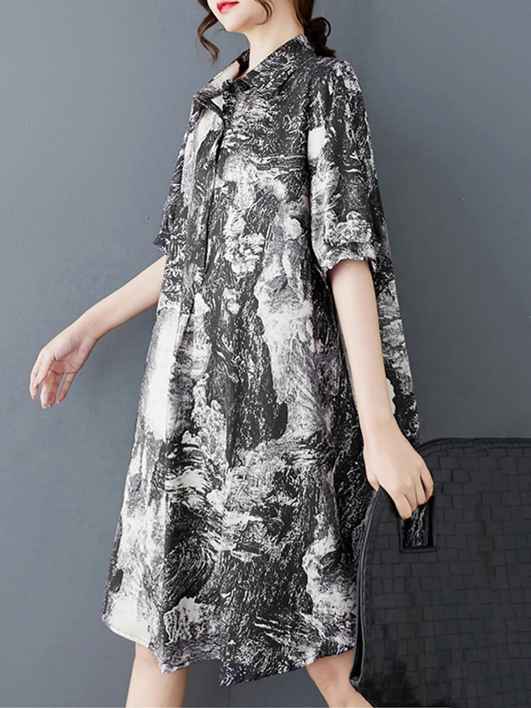 XITAO Loose Print Shirt Dress Vintage Simple Short Sleeve Slimming All-match Women Summer Korea Irregular Dress ZMY1150