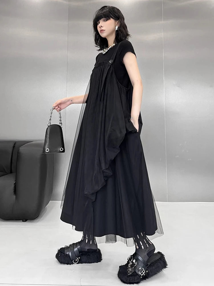 XITAO Gauze Patchwork Asymmetrical Dress Square Collar Solid Color Loose Slimming Sleeve Spaghetti Strap Casual Dress ZMY1306